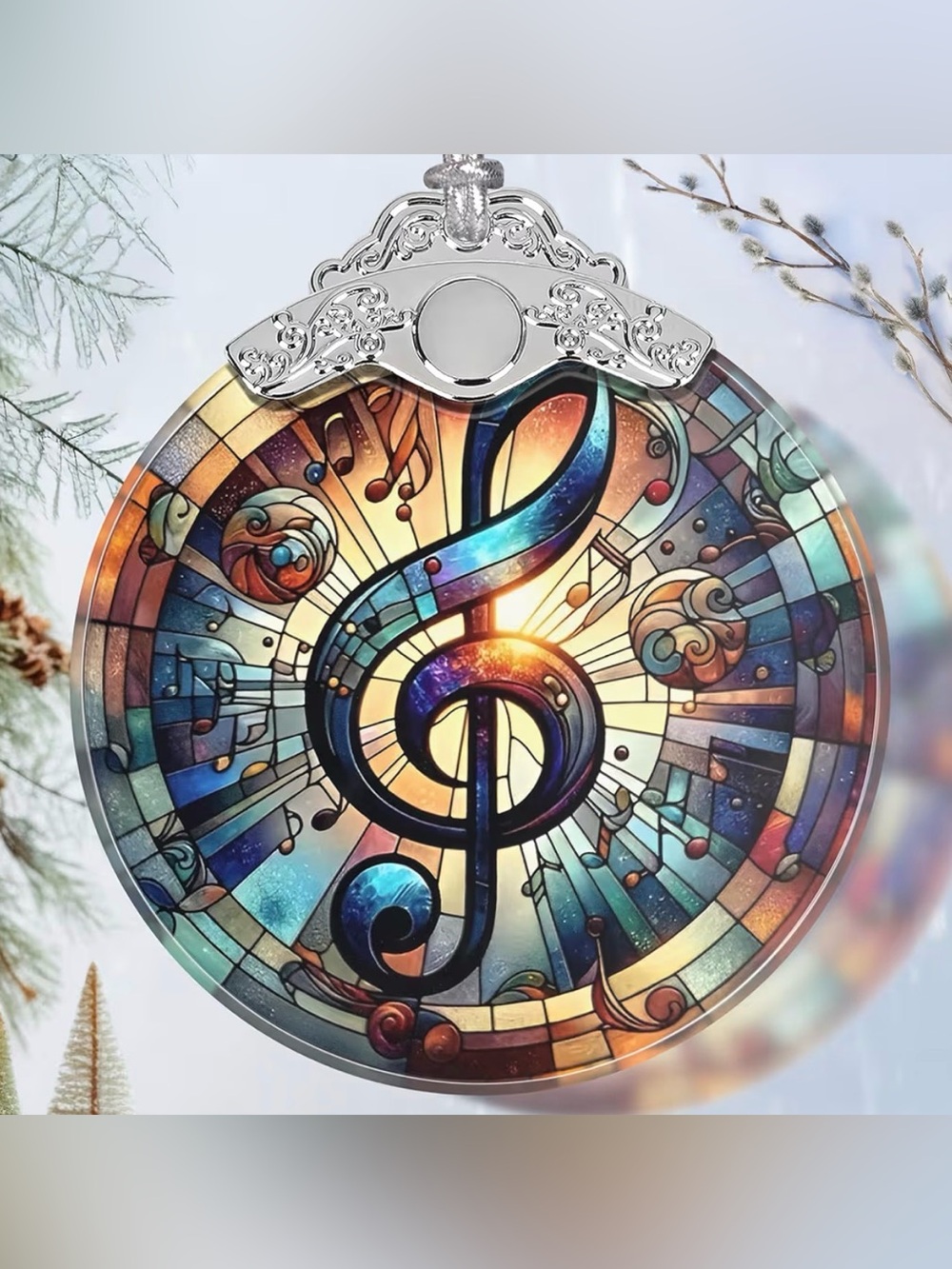 Stained-Glass Treble Clef Holiday Ornament - Multicolor Musical Accent